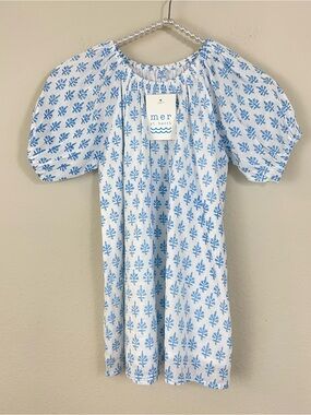 NEW Mer St. Barth Girl’s Blue Block Print Puff Sleeve Stella Dress Size 6